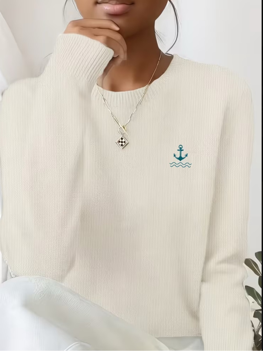Ivory Nautical Anchor Lightweight Knit Sweater